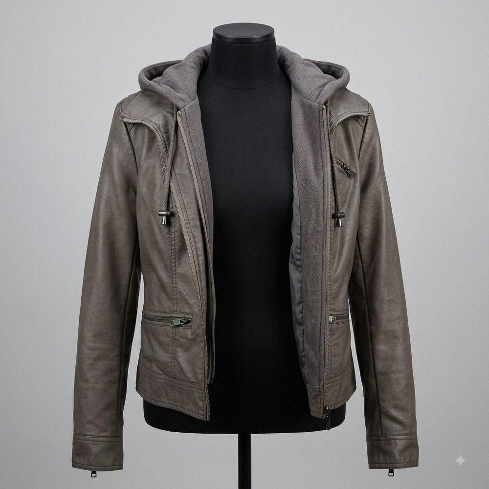 American Rag Cie Womens Gray Faux Leather Moto Jacket Hooded Size SStreetwear